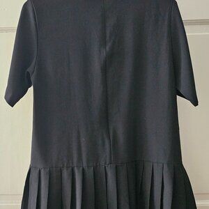 Vintage Black Mini Dress, Short Sleeve, Pleats at Back Body Skirt - Size M